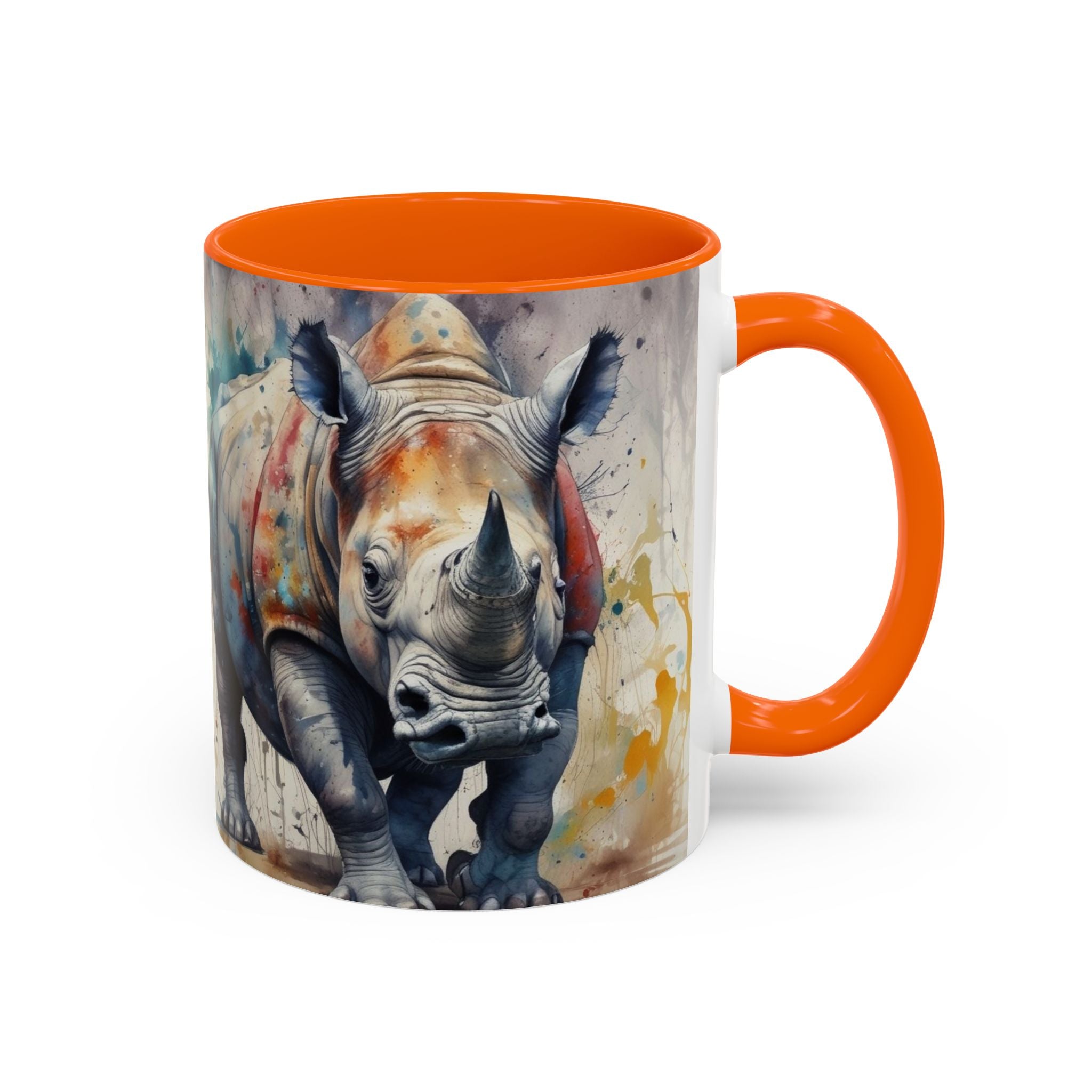 Rhino Watercolor Accent Coffee Mug — Colorful Wildlife Art 11/15oz