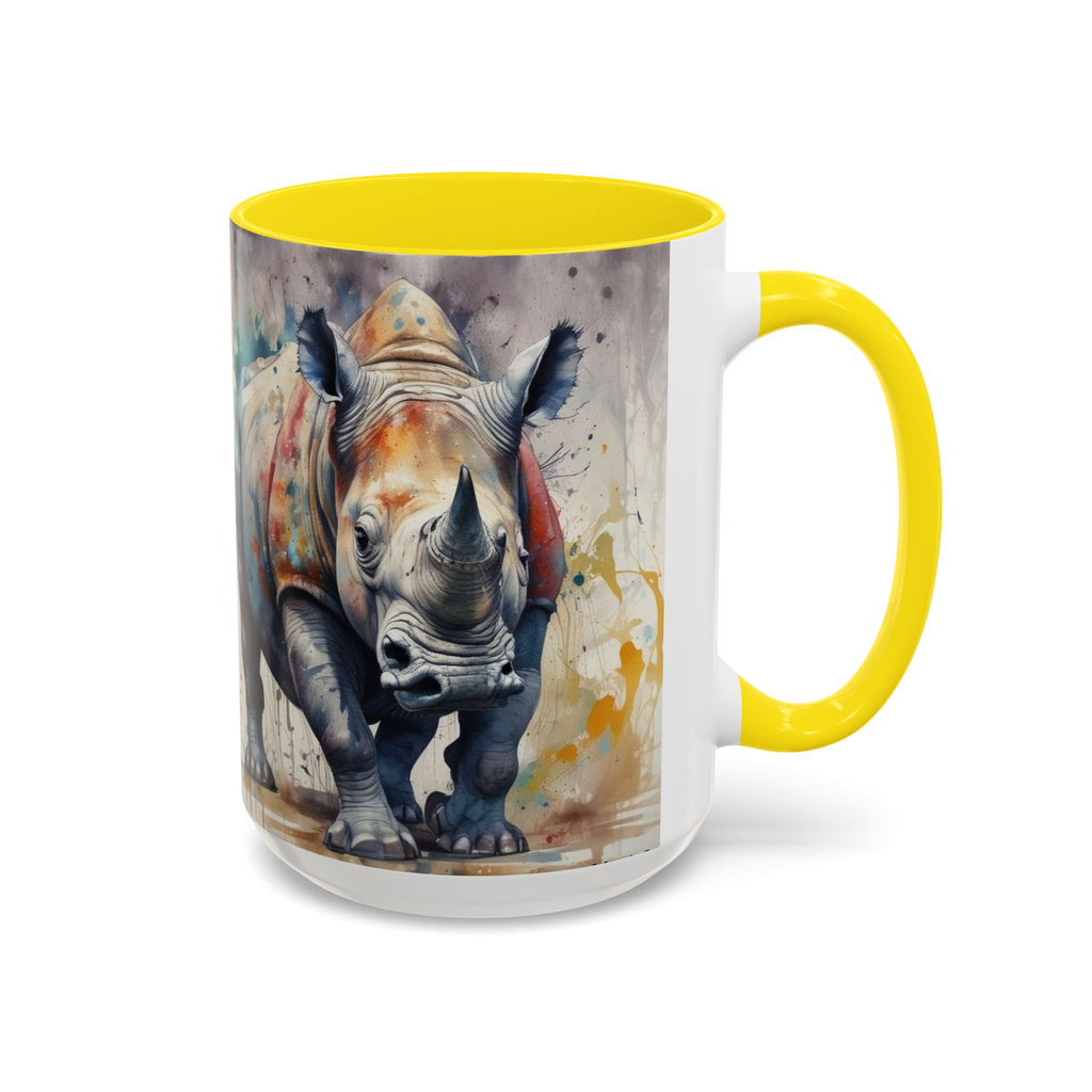 Rhino Watercolor Accent Coffee Mug — Colorful Wildlife Art 11/15oz