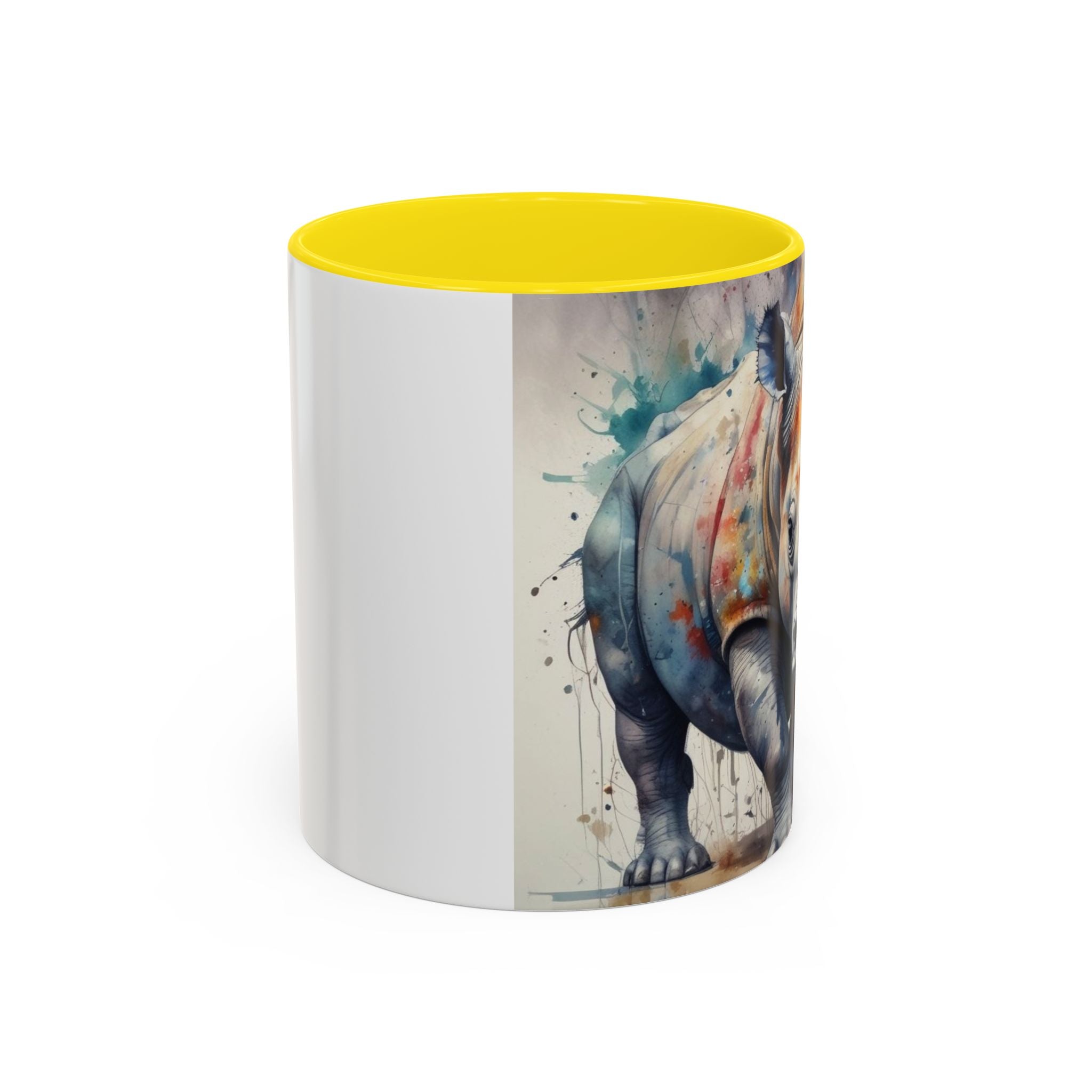Rhino Watercolor Accent Coffee Mug — Colorful Wildlife Art 11/15oz