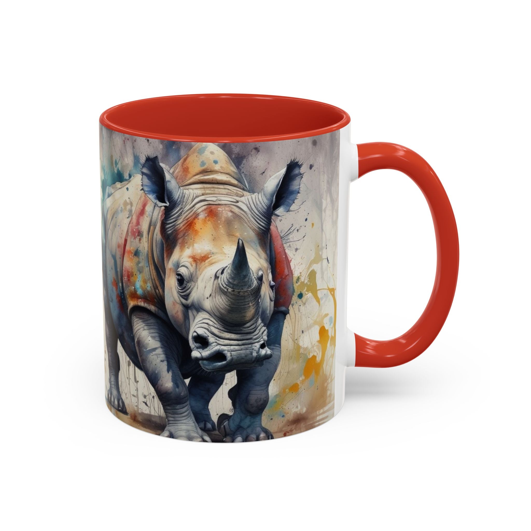 Rhino Watercolor Accent Coffee Mug — Colorful Wildlife Art 11/15oz