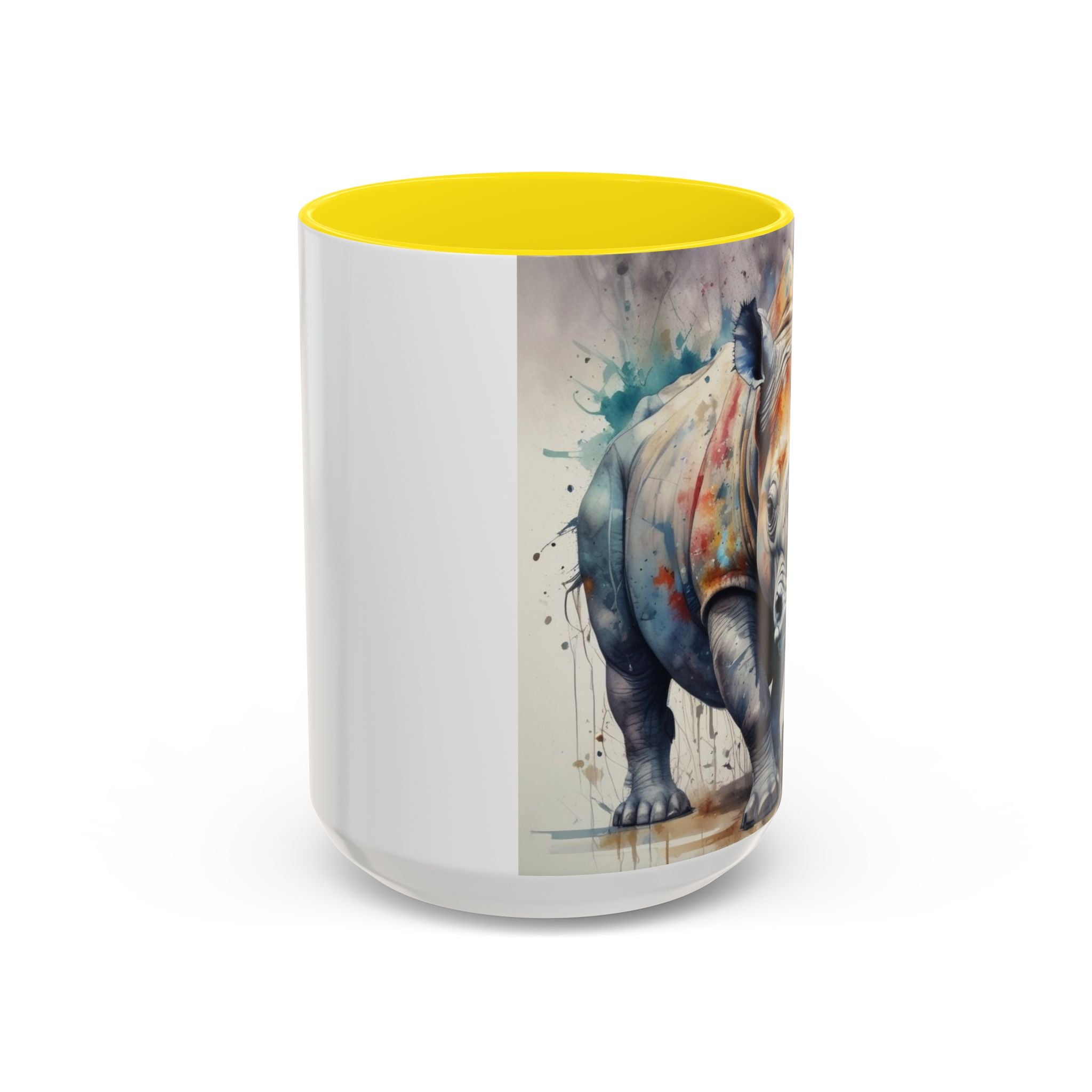 Rhino Watercolor Accent Coffee Mug — Colorful Wildlife Art 11/15oz