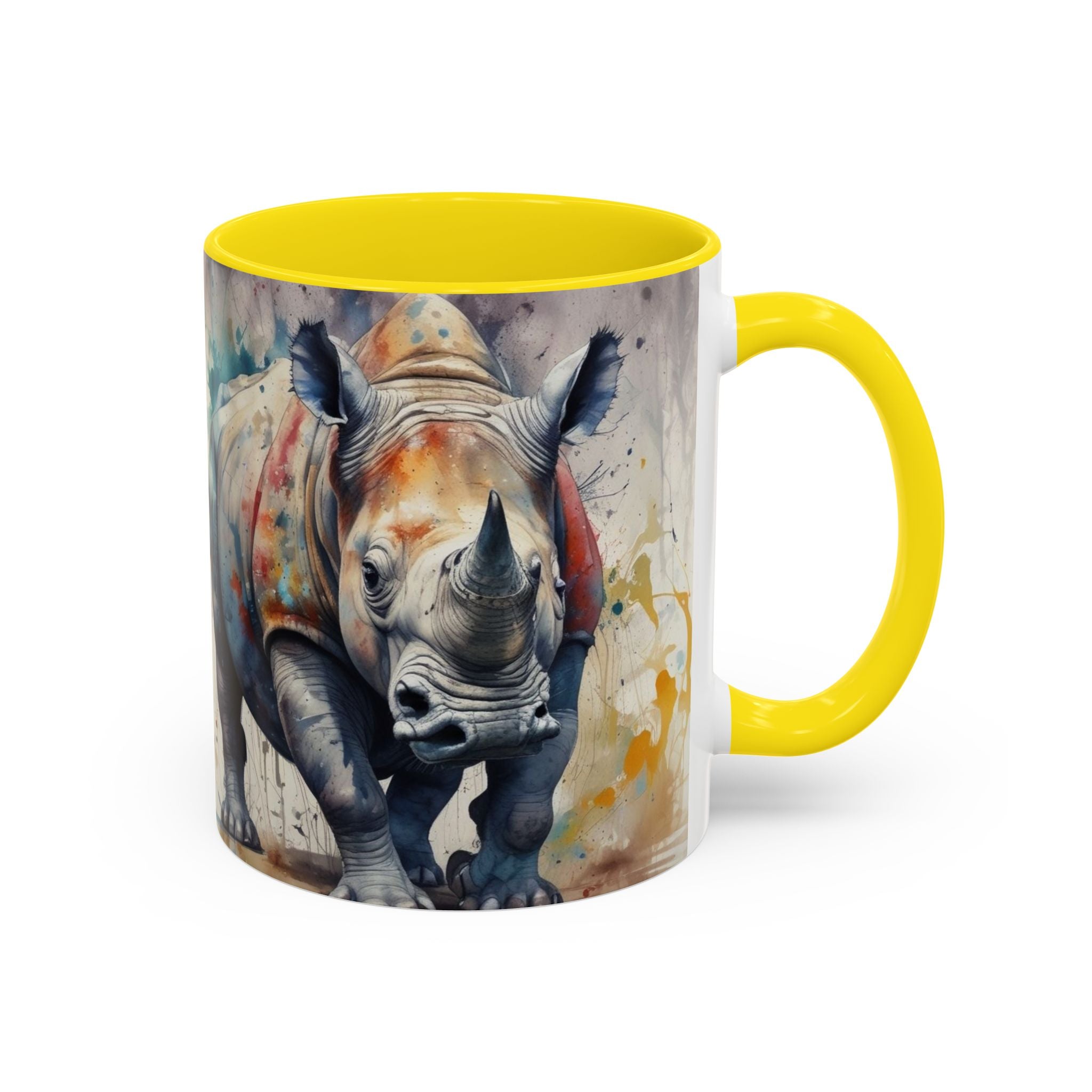 Rhino Watercolor Accent Coffee Mug — Colorful Wildlife Art 11/15oz