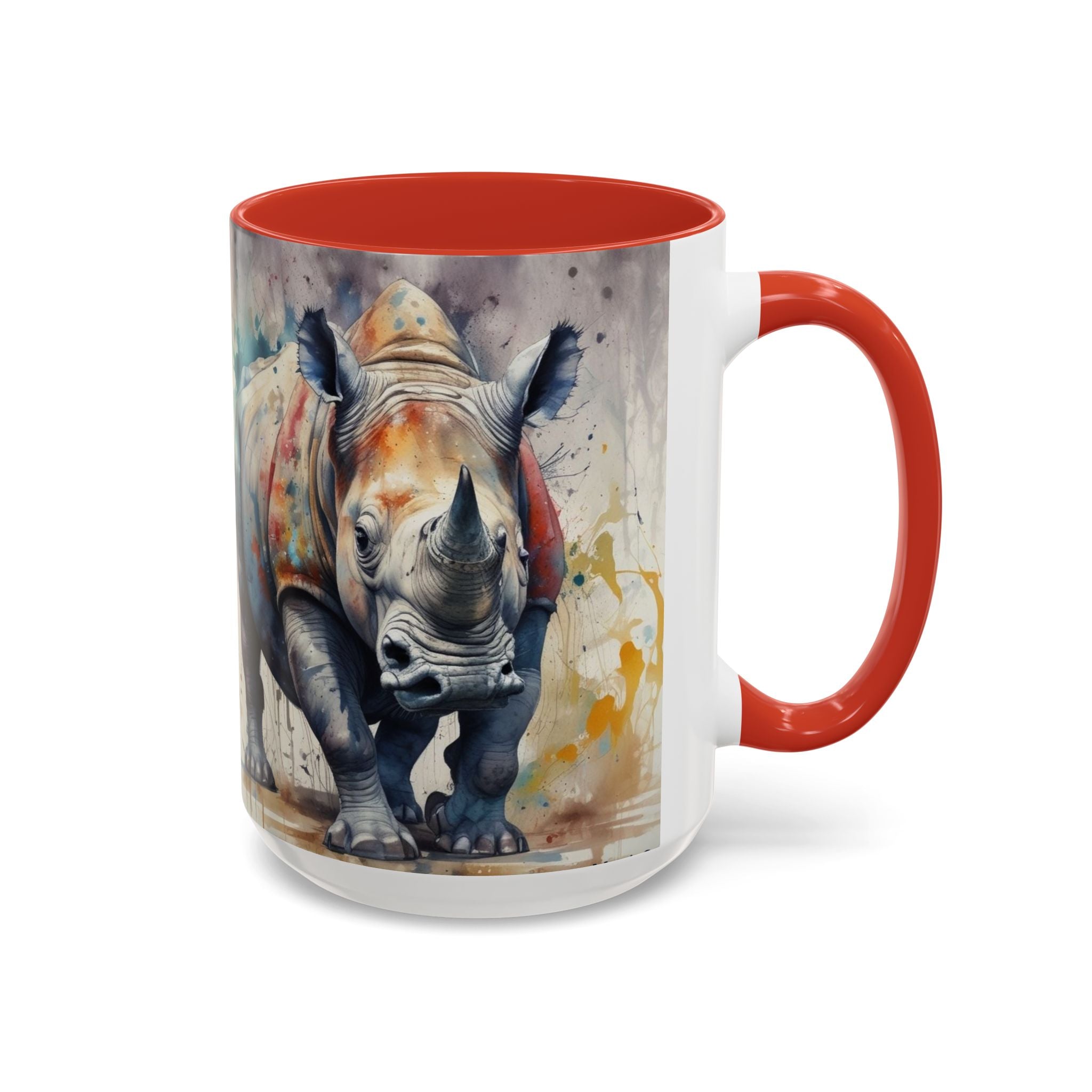 Rhino Watercolor Accent Coffee Mug — Colorful Wildlife Art 11/15oz