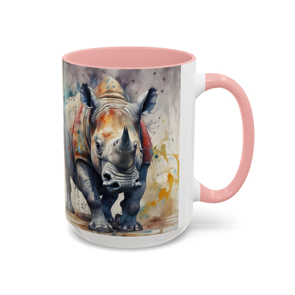 Rhino Watercolor Accent Coffee Mug — Colorful Wildlife Art 11/15oz
