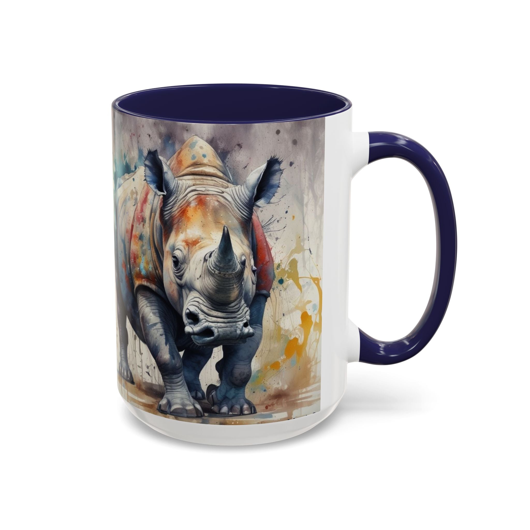 Rhino Watercolor Accent Coffee Mug — Colorful Wildlife Art 11/15oz