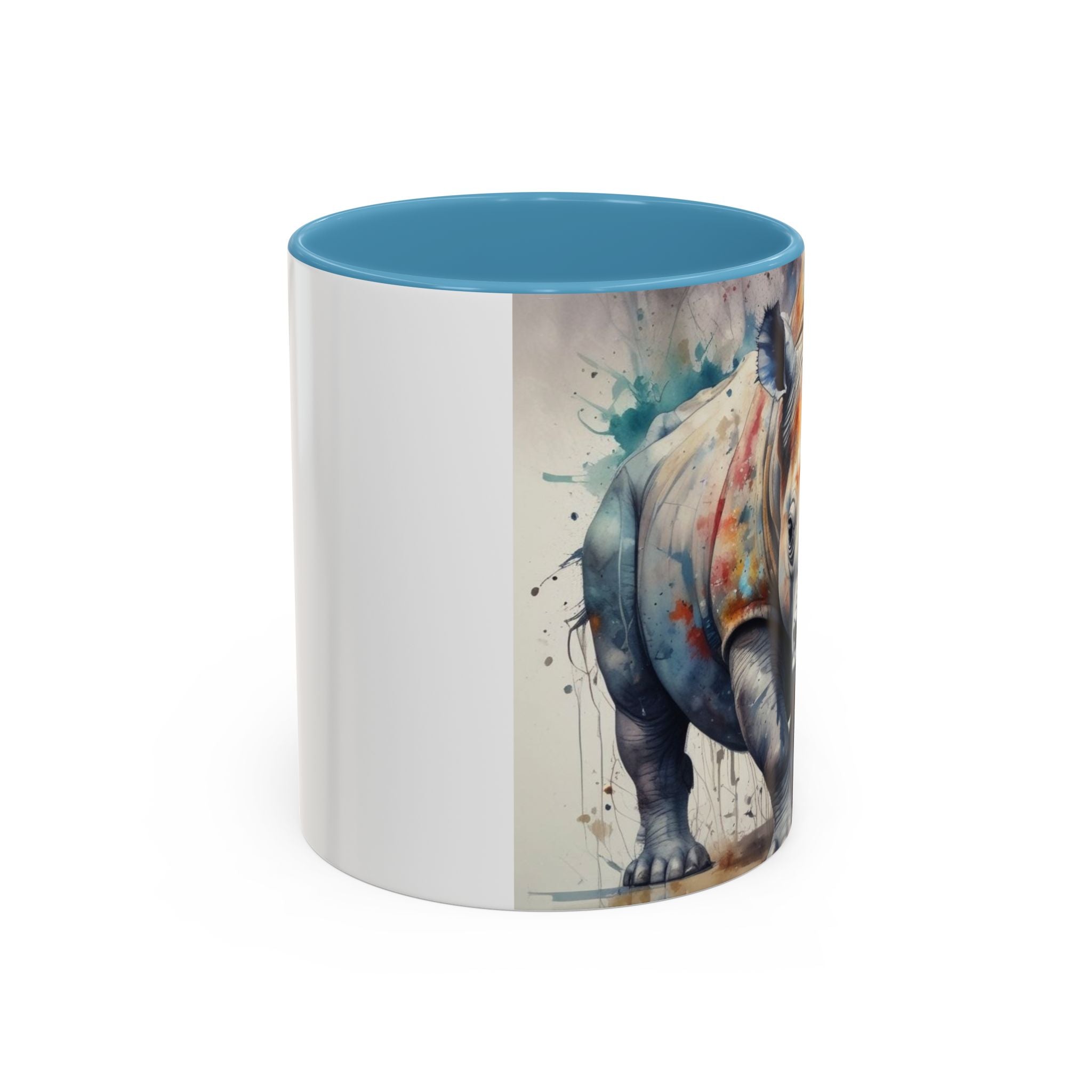 Rhino Watercolor Accent Coffee Mug — Colorful Wildlife Art 11/15oz