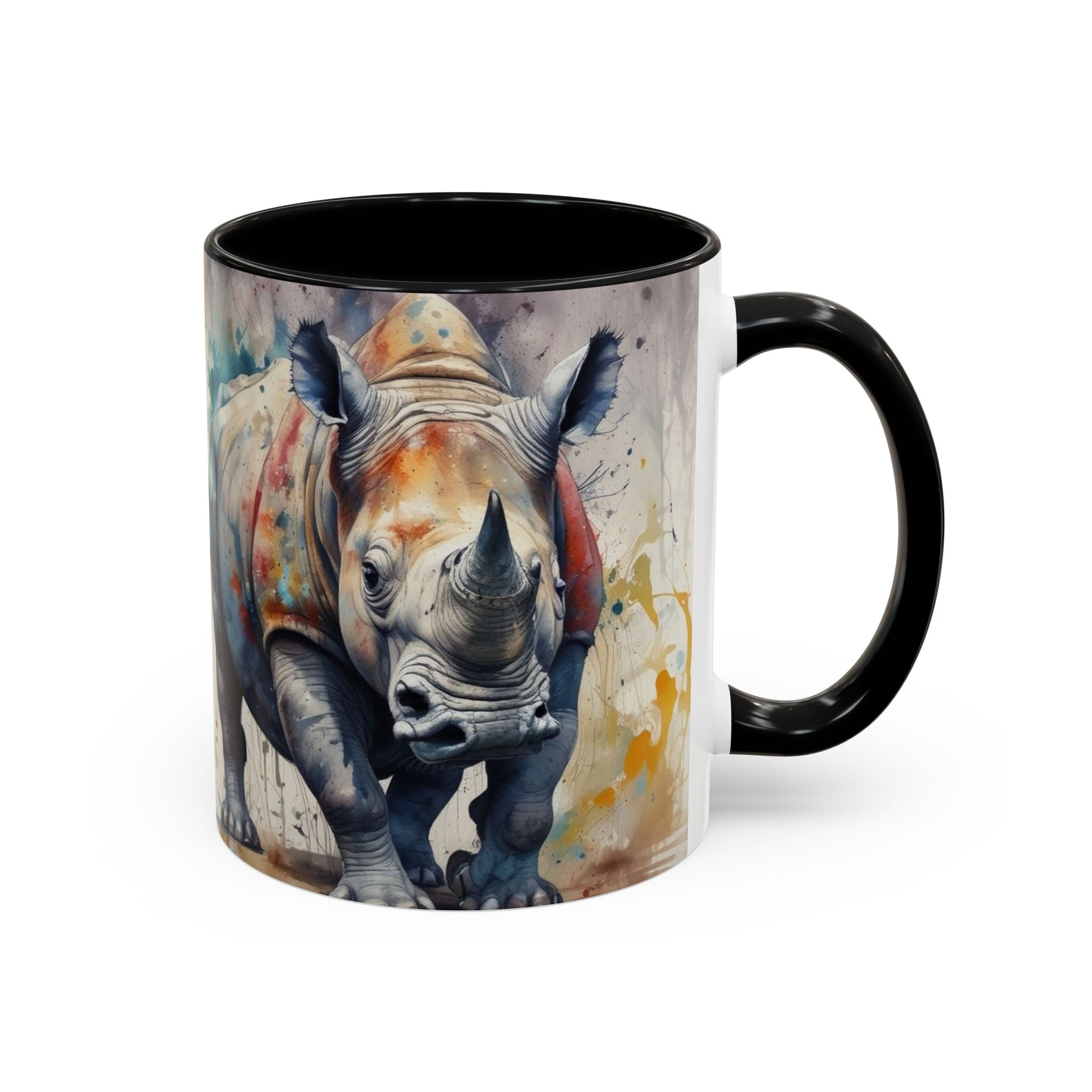 Rhino Watercolor Accent Coffee Mug — Colorful Wildlife Art 11/15oz
