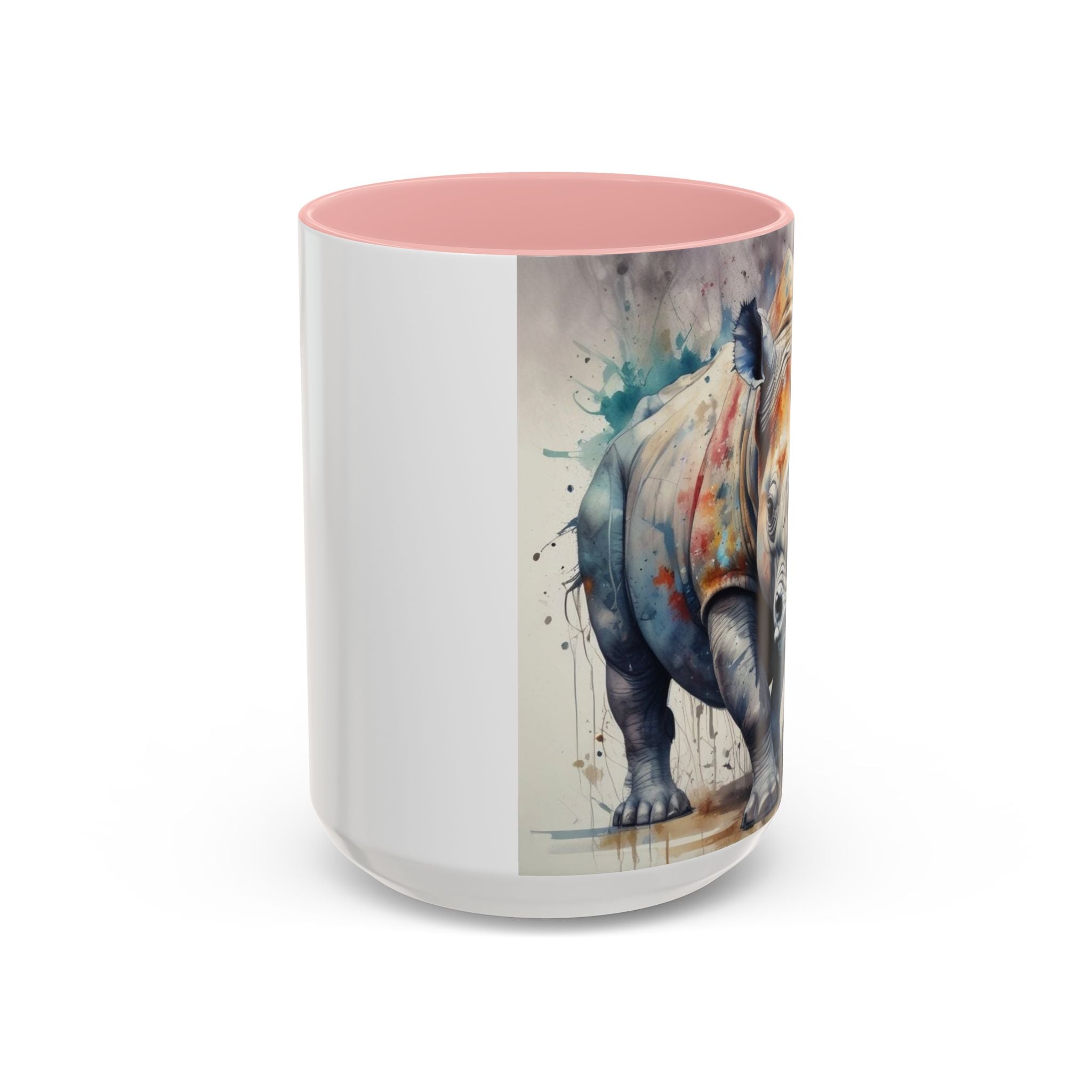 Rhino Watercolor Accent Coffee Mug — Colorful Wildlife Art 11/15oz