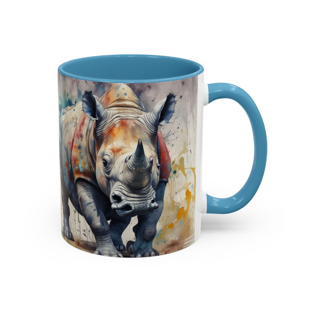 Rhino Watercolor Accent Coffee Mug — Colorful Wildlife Art 11/15oz