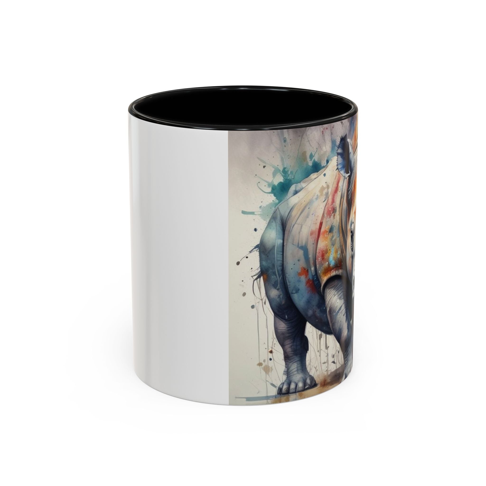 Rhino Watercolor Accent Coffee Mug — Colorful Wildlife Art 11/15oz