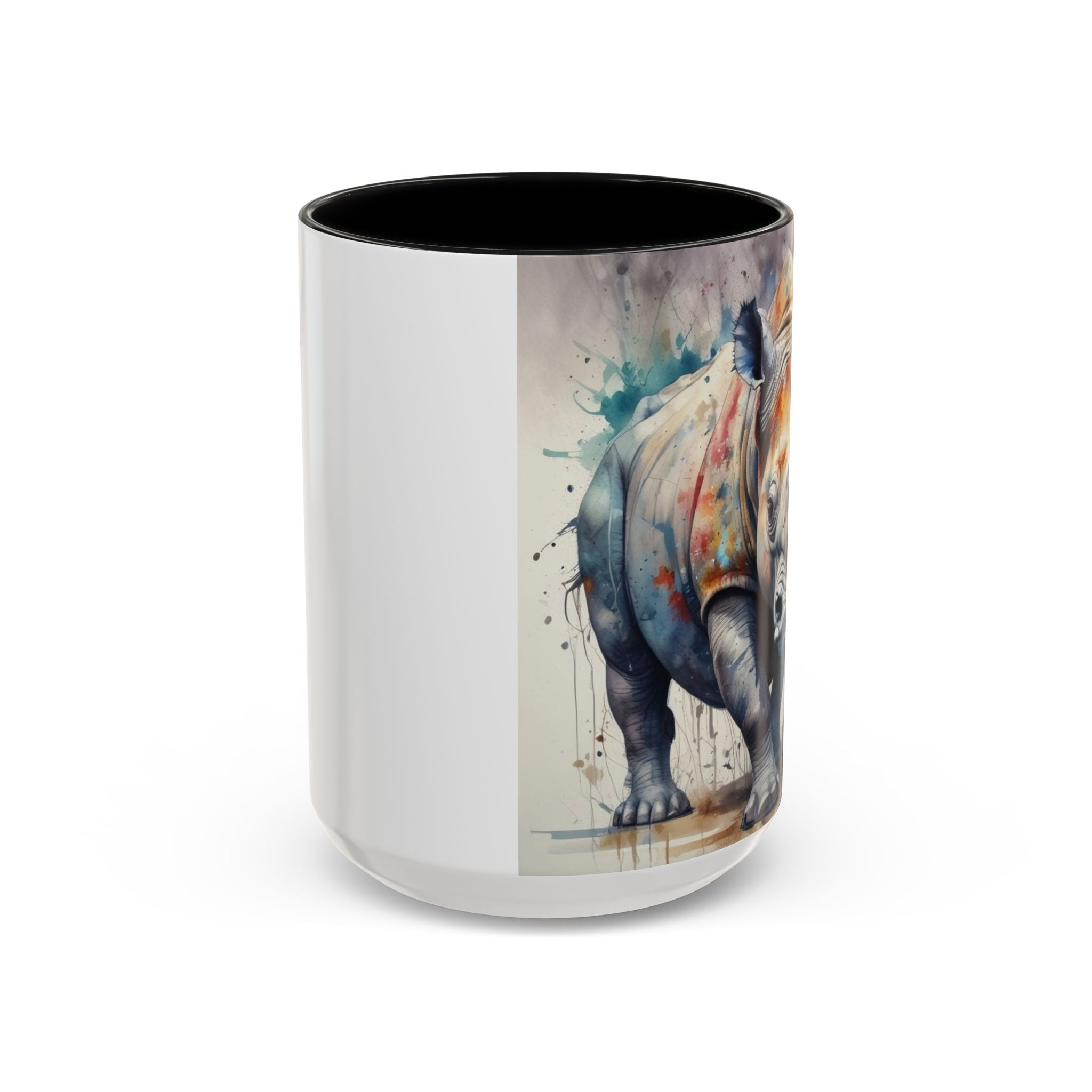Rhino Watercolor Accent Coffee Mug — Colorful Wildlife Art 11/15oz