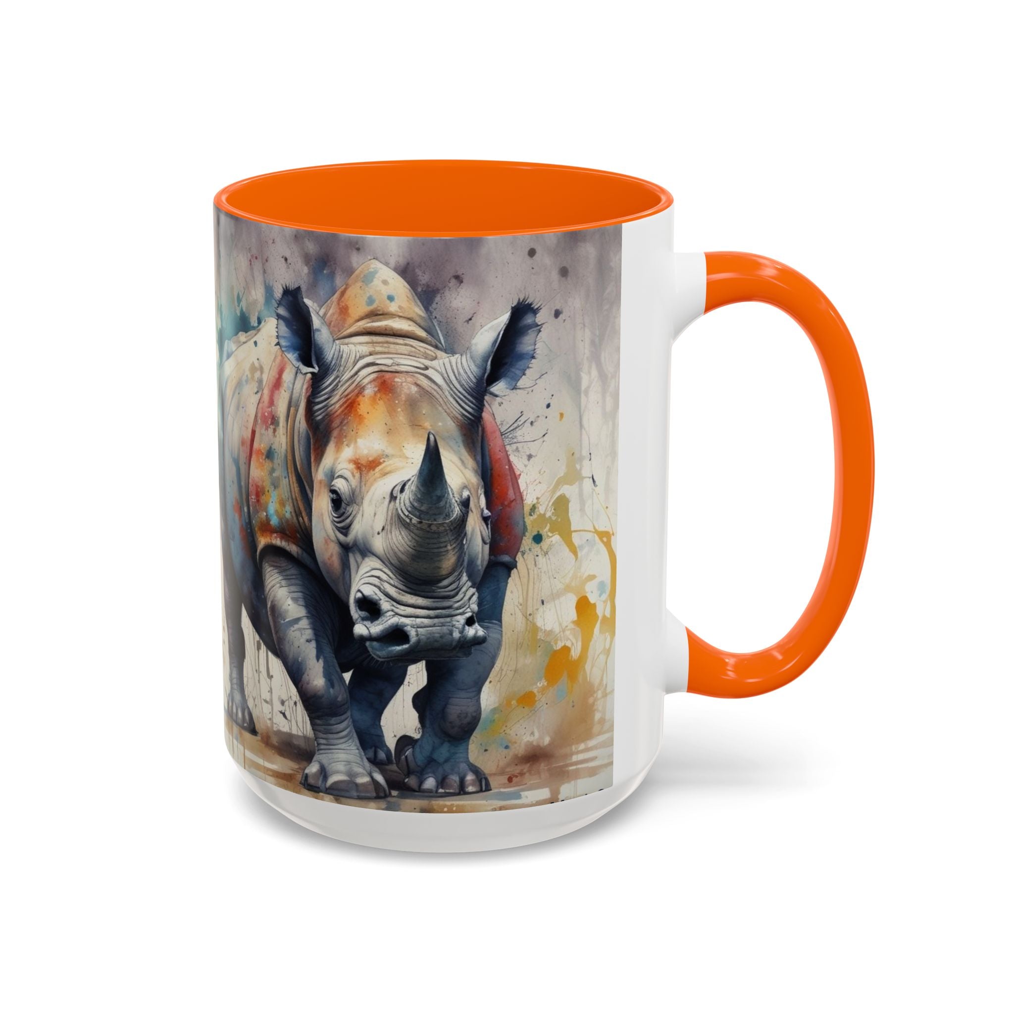 Rhino Watercolor Accent Coffee Mug — Colorful Wildlife Art 11/15oz