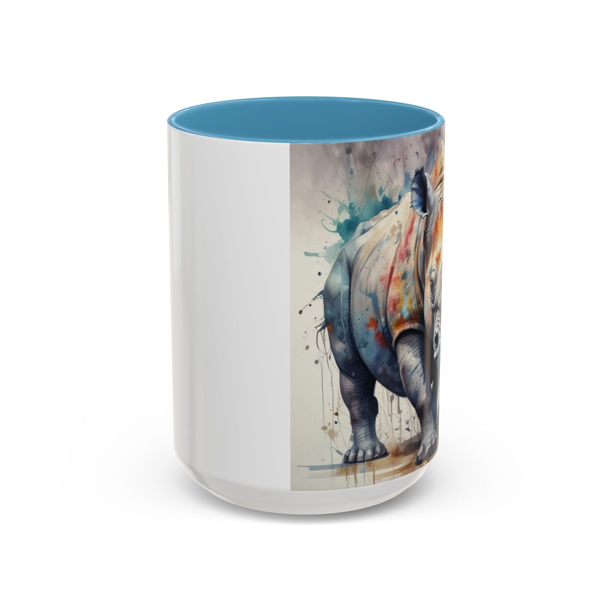 Rhino Watercolor Accent Coffee Mug — Colorful Wildlife Art 11/15oz