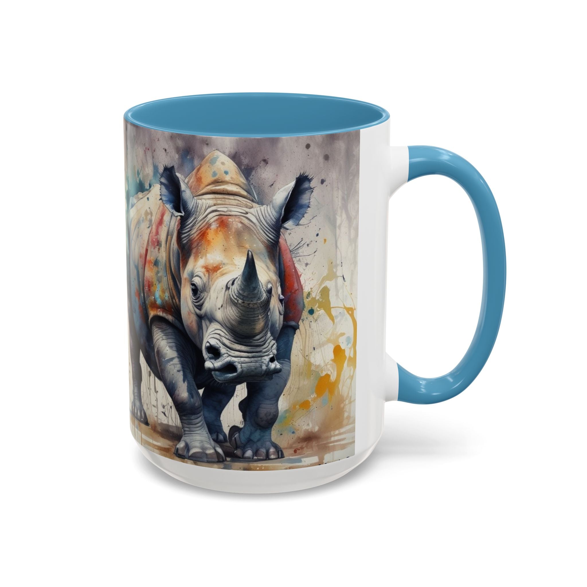 Rhino Watercolor Accent Coffee Mug — Colorful Wildlife Art 11/15oz