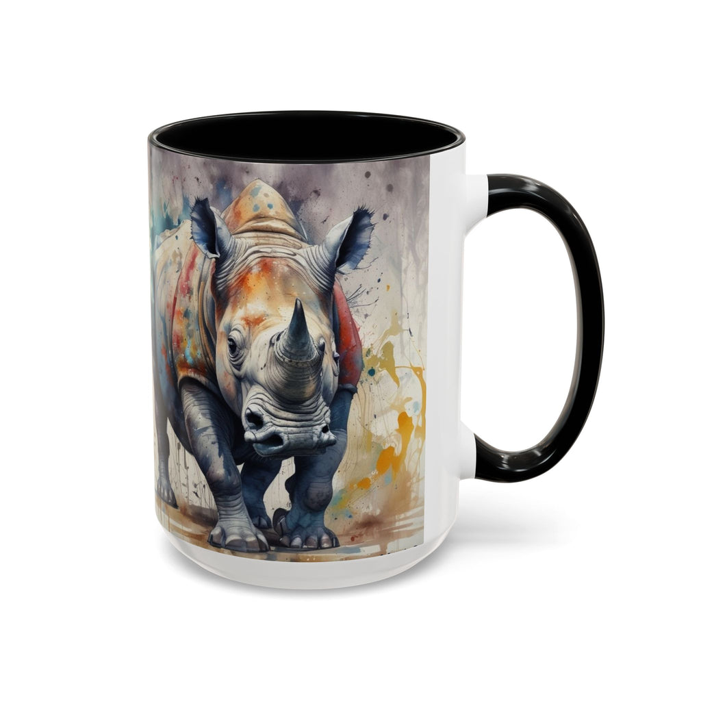 Rhino Watercolor Accent Coffee Mug — Colorful Wildlife Art 11/15oz