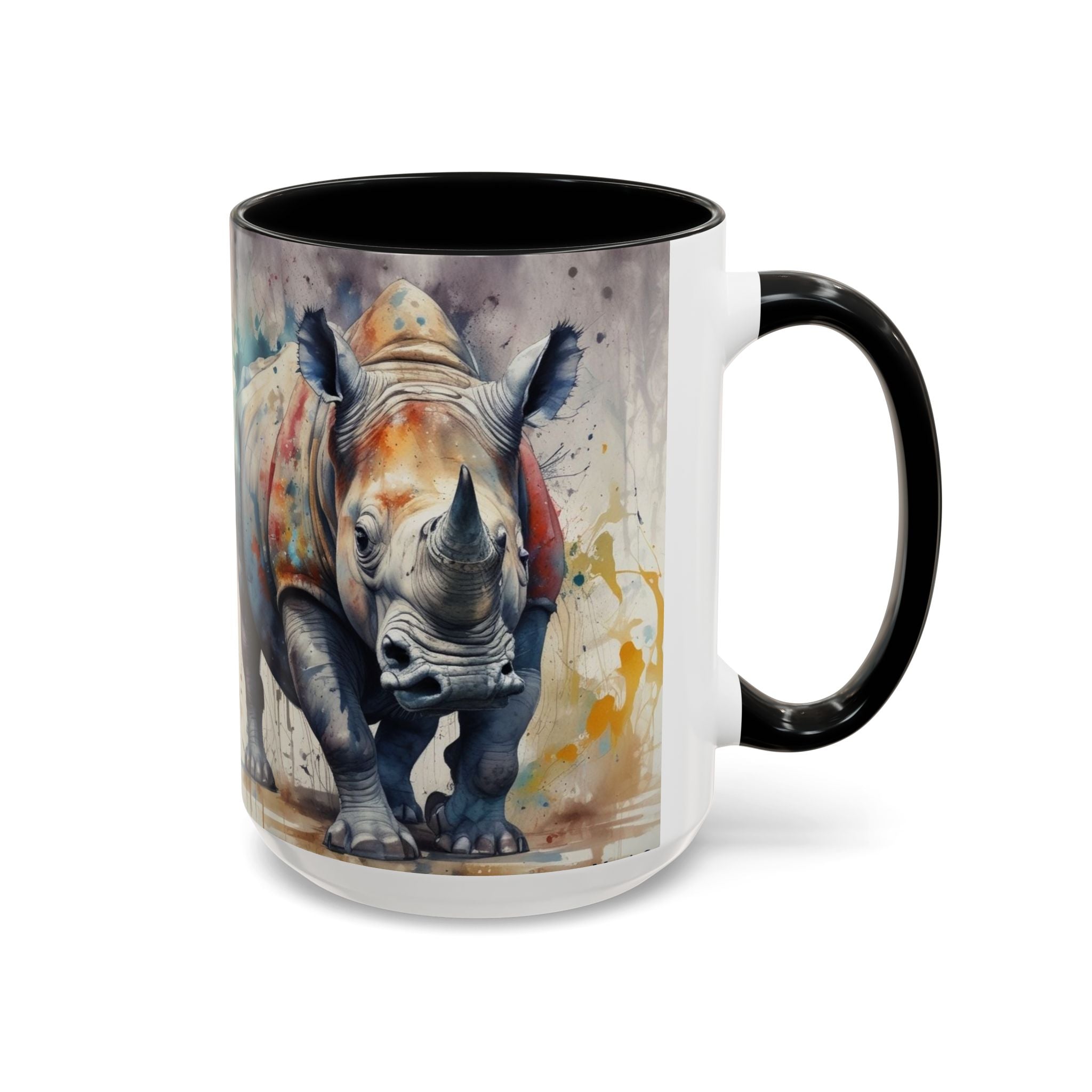 Rhino Watercolor Accent Coffee Mug — Colorful Wildlife Art 11/15oz